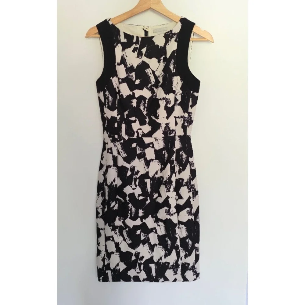 H&M‎ Black Beige Abstract Print Sleeveless Sheath Dress Size 4 Workwear Cocktail